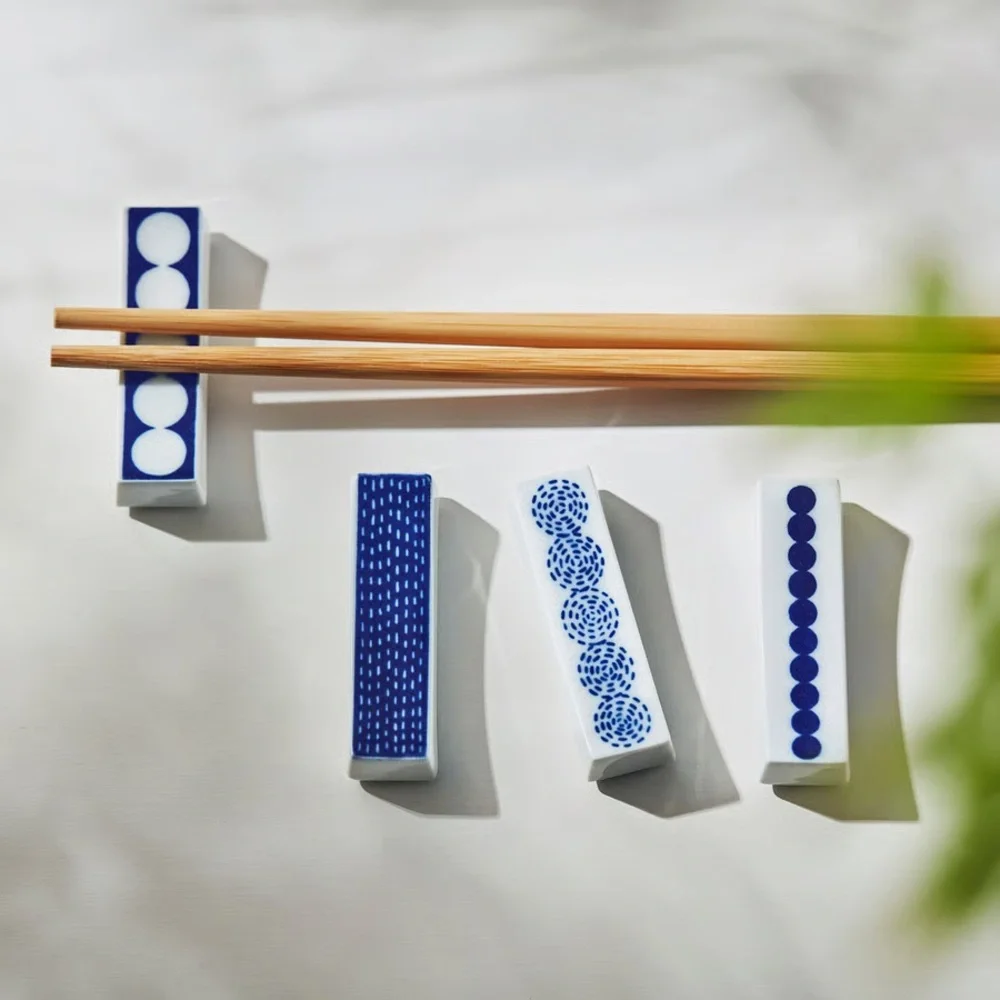 Set of 4 Bamboo Chopsticks with Blue & White Porcelain Holders